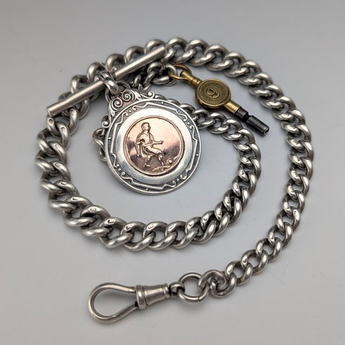 1895 British Antique Sterling Silver Albert Chain, 64g, Sterling Silver Soccer Medal Fob